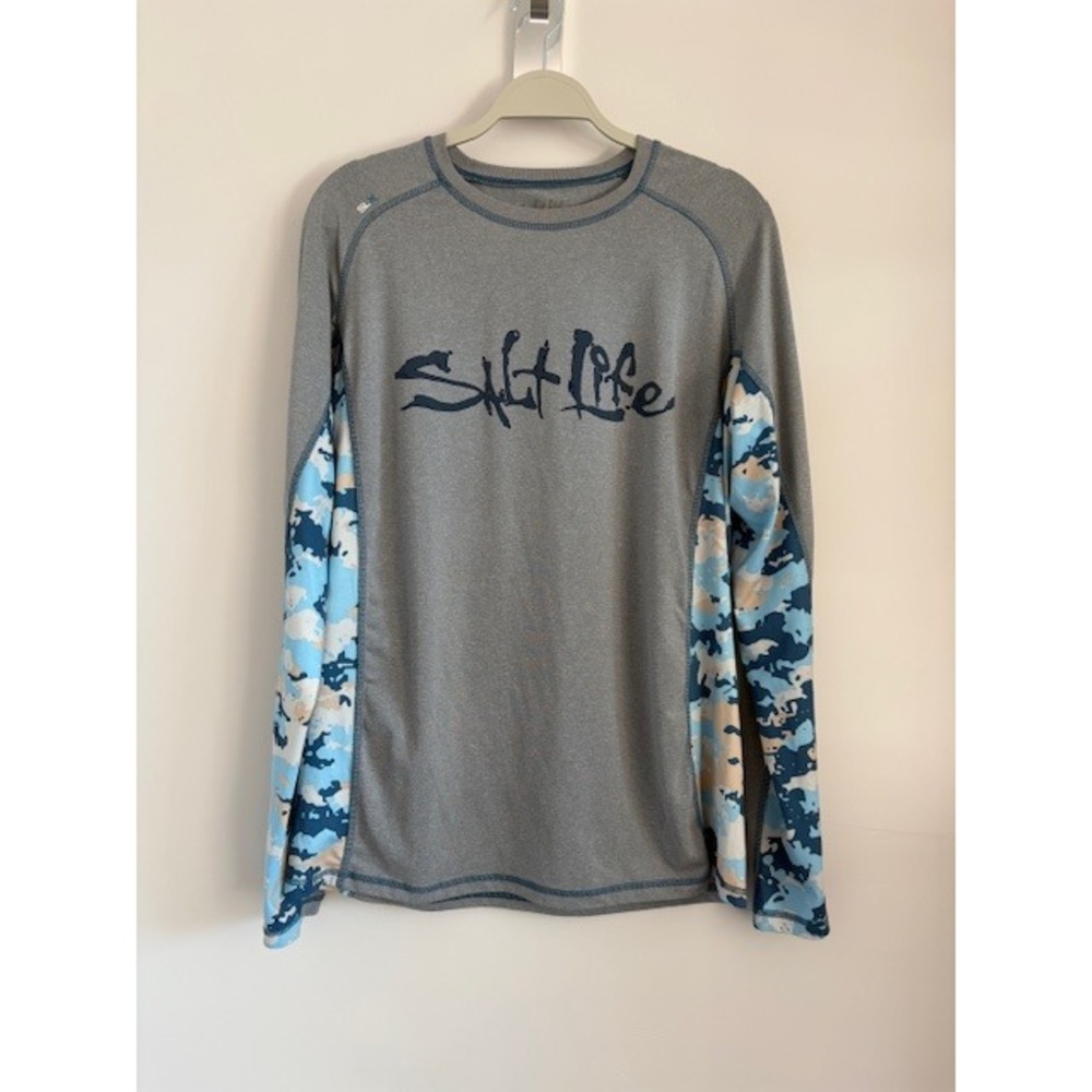 Salt Life SLX‎ Performance Mens Gray Blue Camo Long Sleeve Fishing Shirt Size M